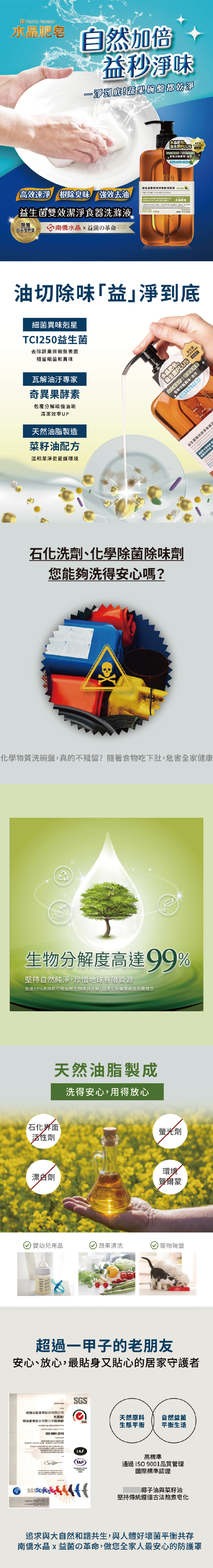 南僑水晶益生菌雙效潔淨食器洗滌液-清新柚香800ml使用天然油脂(菜籽油、棕櫚仁油、椰子油)結合大江生醫益生菌,維持碗盤好菌生態、去除油污異味且保護雙手,內含奇異果酵素,高效分解油垢,一家大小的食器、油膩鍋盆皆可安心洗淨且洗後散發淡淡柚子香氣。