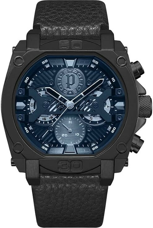 萬年鐘錶 - POLICE  全黑系列大錶徑皮革款男錶 PEWJF2226803 錶徑 45MM