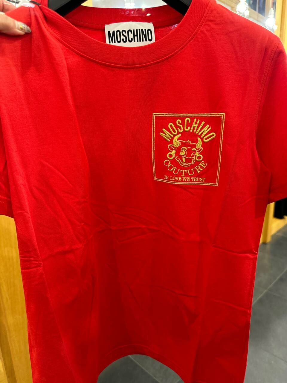 [S] MOSCHINO COUTURE IN LOVE WE TRUST LOGO PATCH T-SHIRT,RED, D1A0777-1040-1112 (SM695)