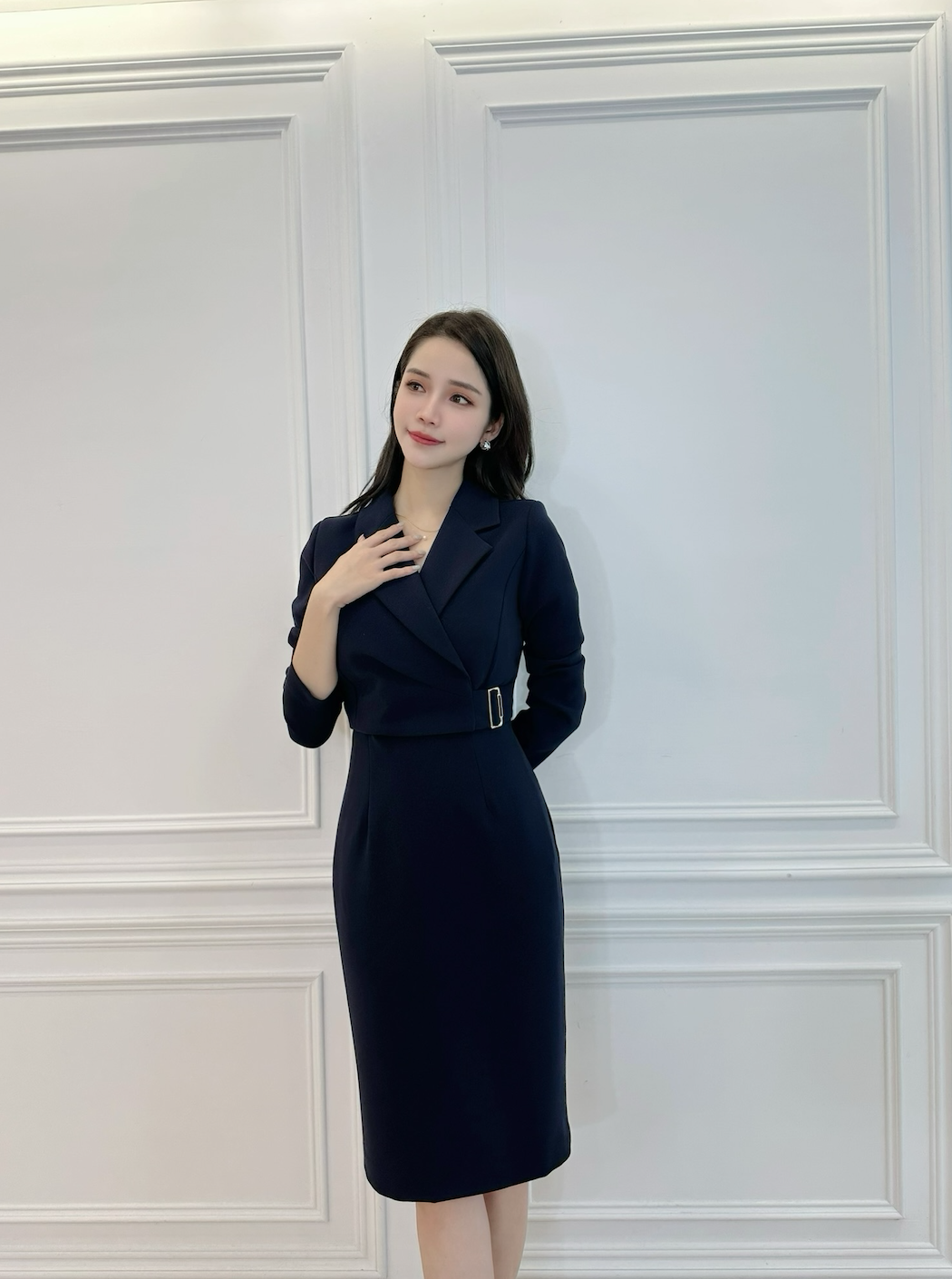 側方釦翻領長袖洋裝