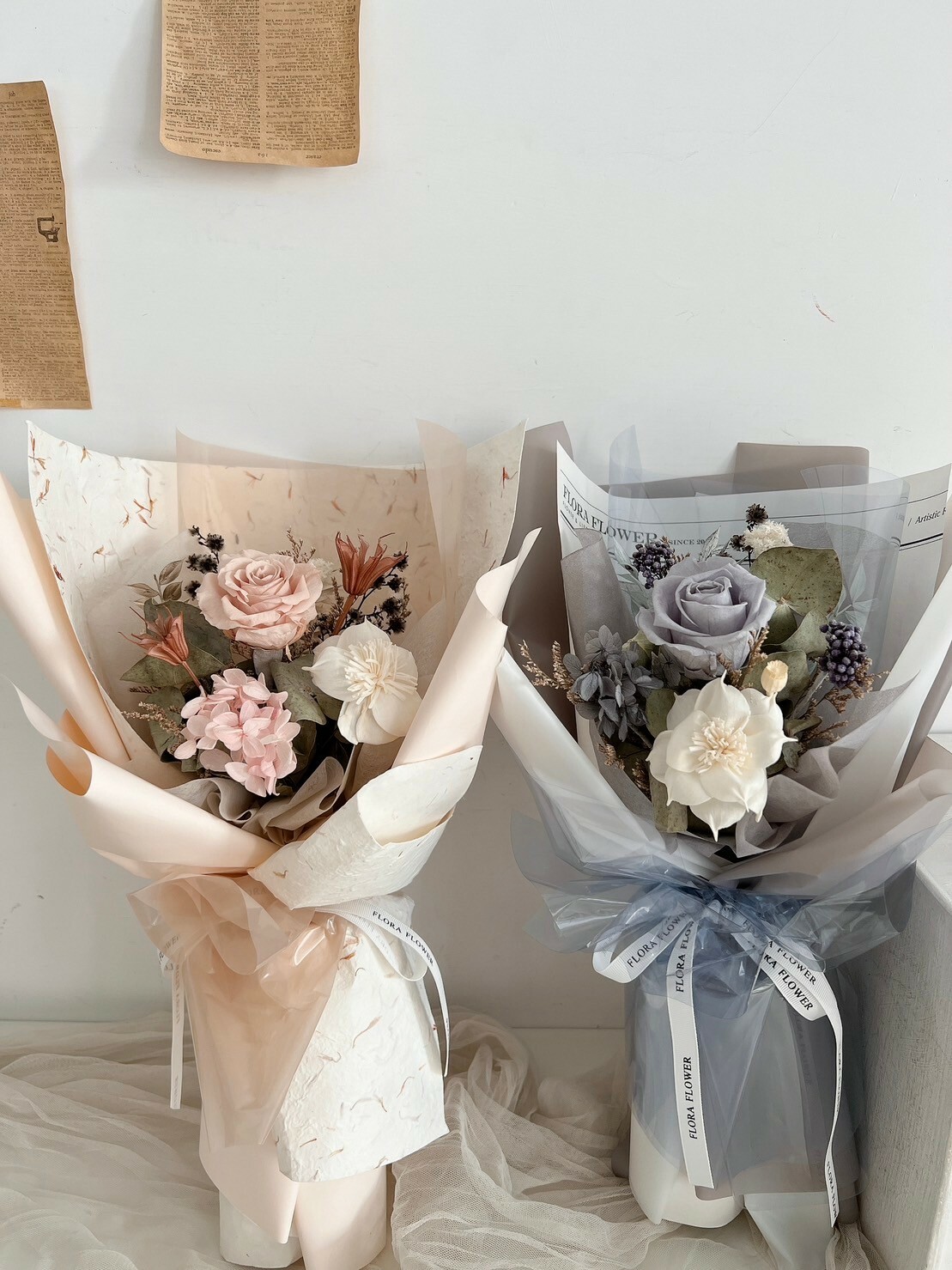 乾燥永生花束-亞麻藍粉色