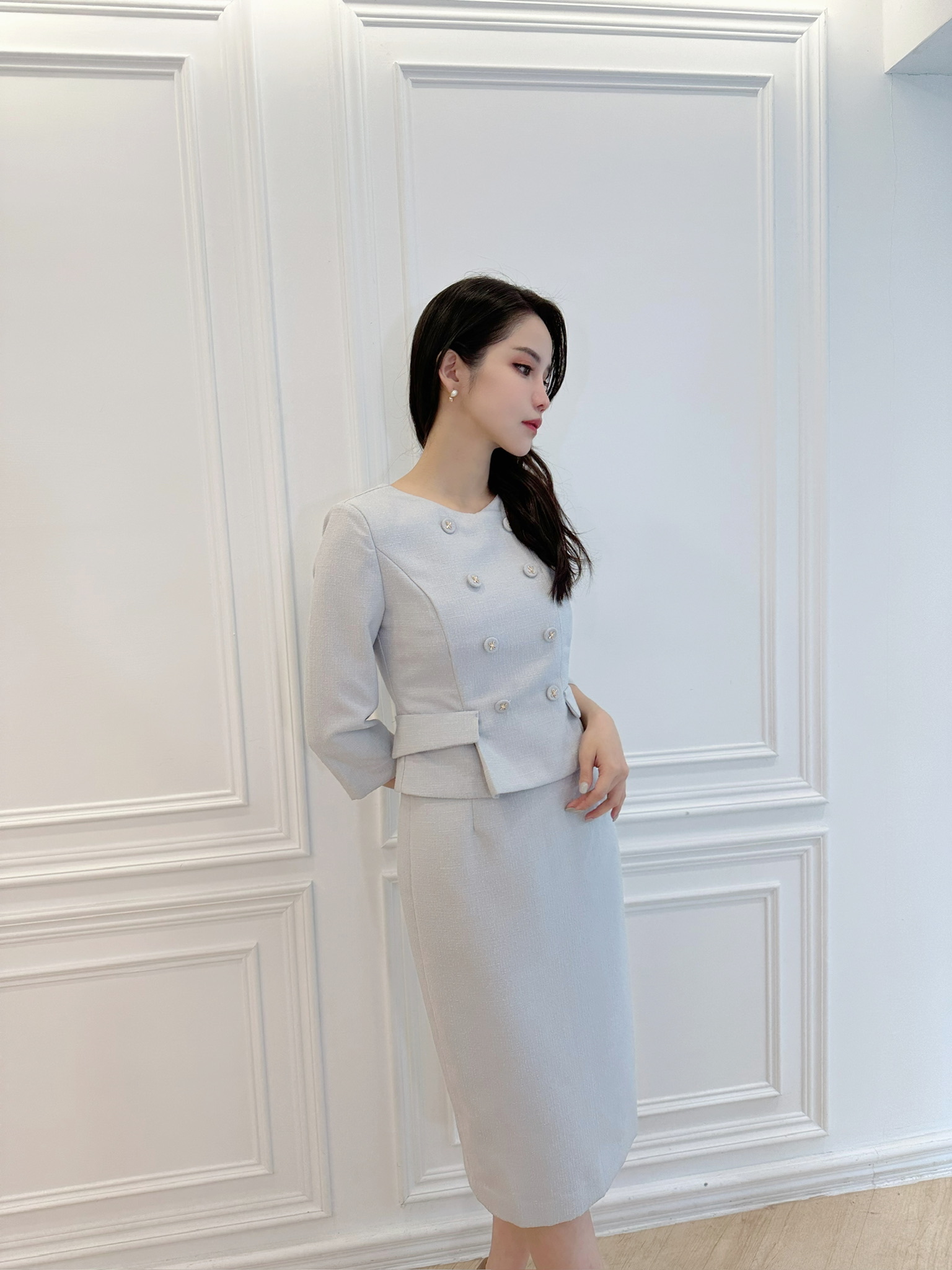 雙排釦腰間打褶合身洋裝