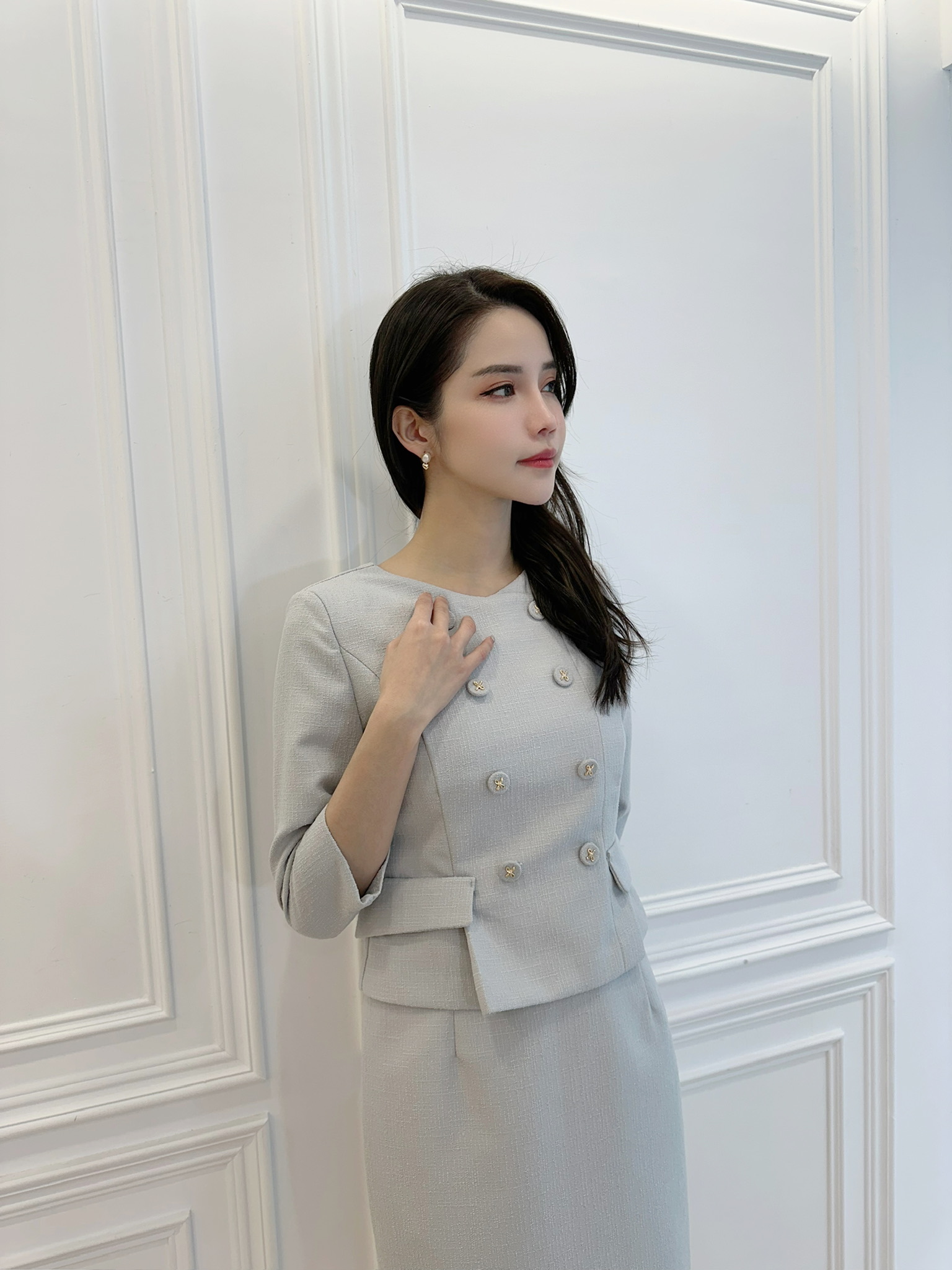 雙排釦腰間打褶合身洋裝