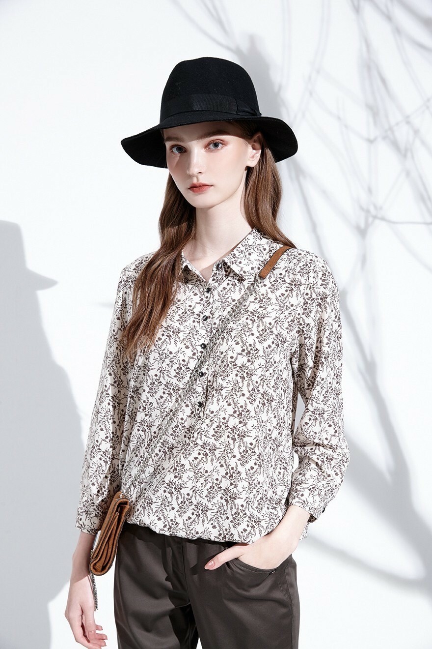 OL韓系時尚印花優雅氣質雪紡修身上衣T6261