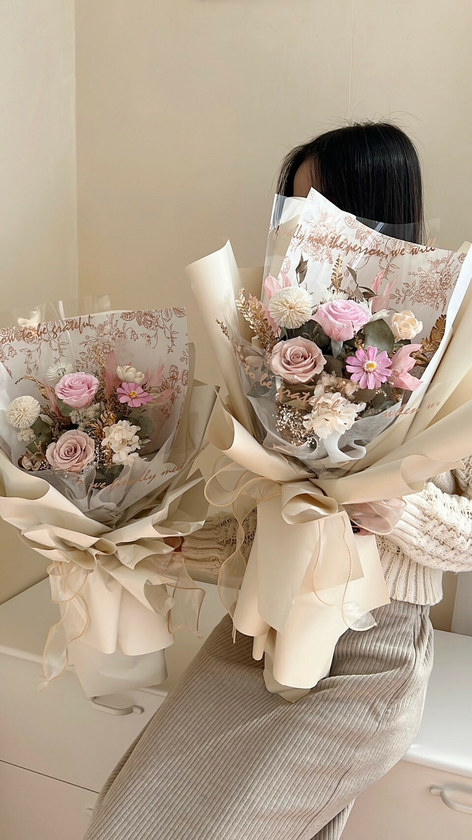 乾燥永生花束-奶杏粉