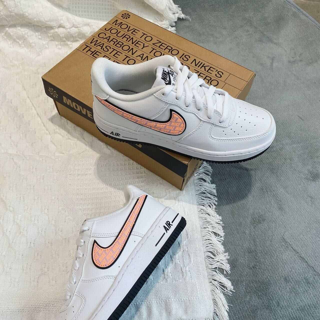 Nike Air Force 1 GS 白 粉勾 黑底 粉橘 雷射 大童女鞋 女碼 DZ6307-100