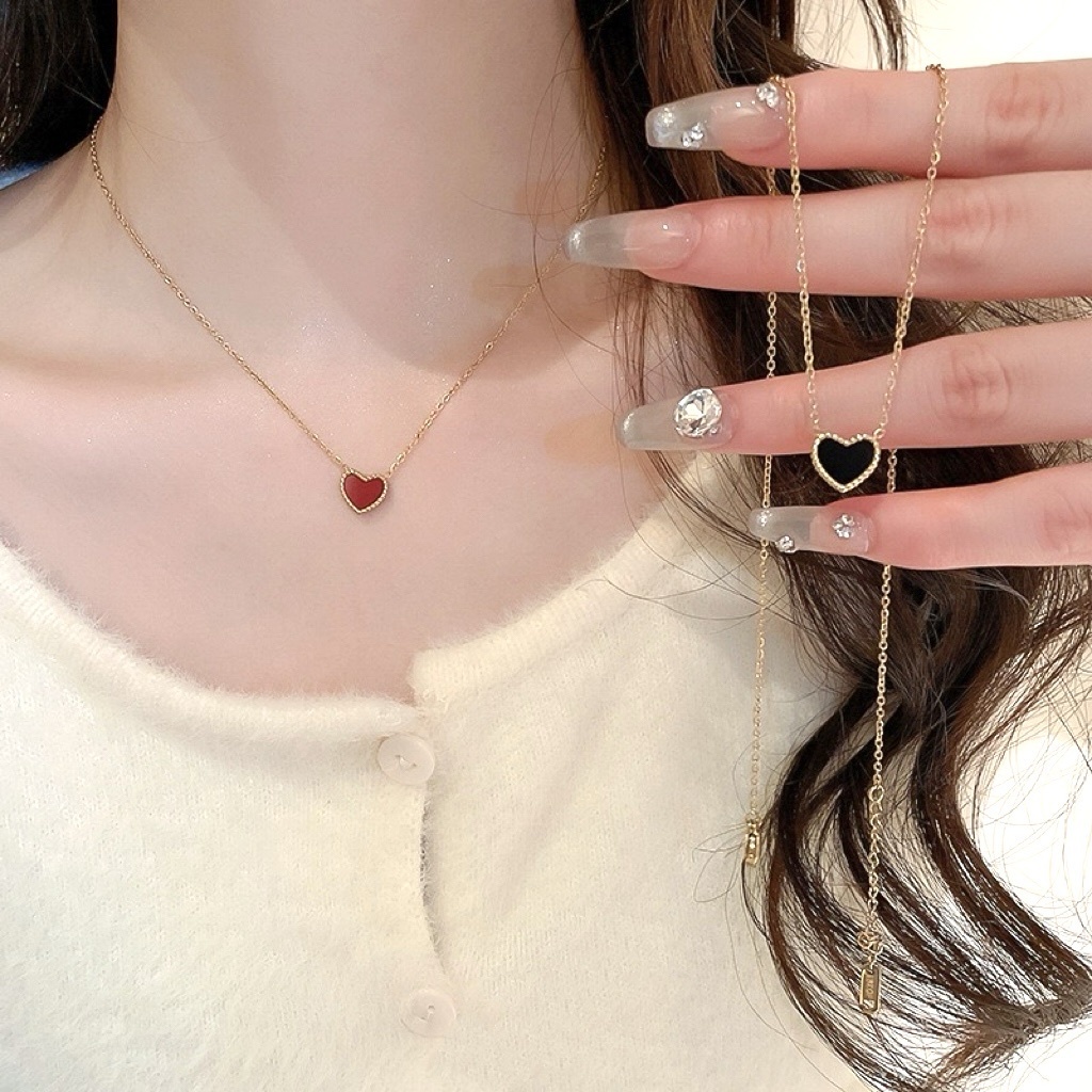 14k白貝黑釉/紅黑釉雙面鑲金愛心項鍊