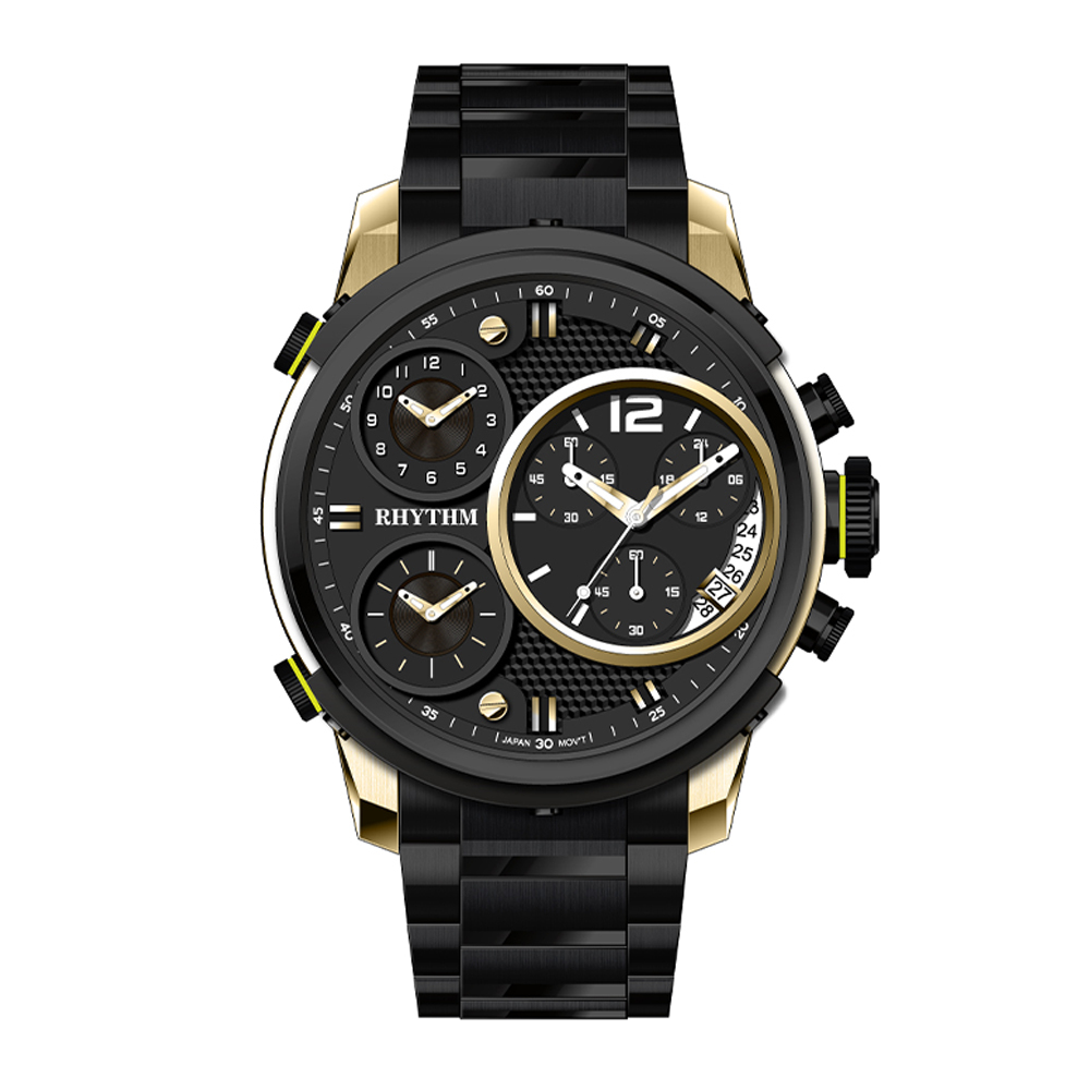 【Rhythm 麗聲】計時分秒帶日期真三眼三時區不鏽鋼錶帶手錶-I1502S-