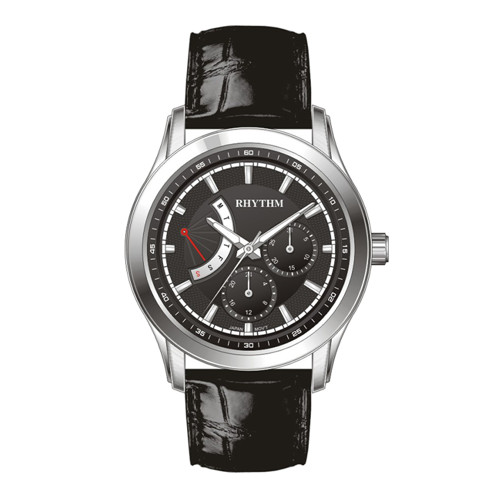 【Rhythm 麗聲】典雅真三眼帶星期日期皮革錶帶手錶-M1301L-