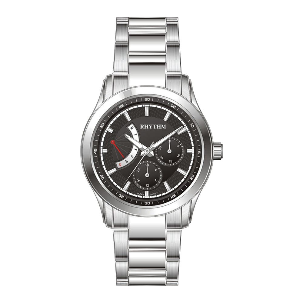 【Rhythm 麗聲】典雅真三眼帶星期日期不鏽鋼錶帶手錶-M1301-