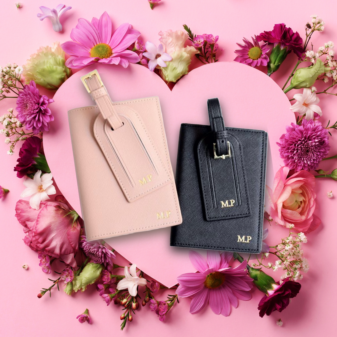 情侶旅行禮品套裝 (定製真皮證件套、行李牌)