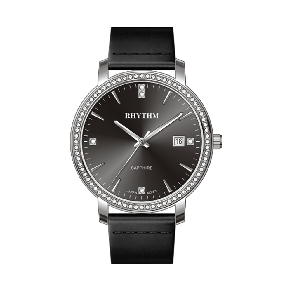 【Rhythm 麗聲】簡約都市風鑽框帶日期皮革手錶-PE1606L 小錶徑女款-