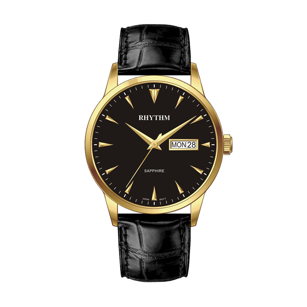 【Rhythm 麗聲】簡約俐落帶星期帶日期皮革手錶-PE1607L-