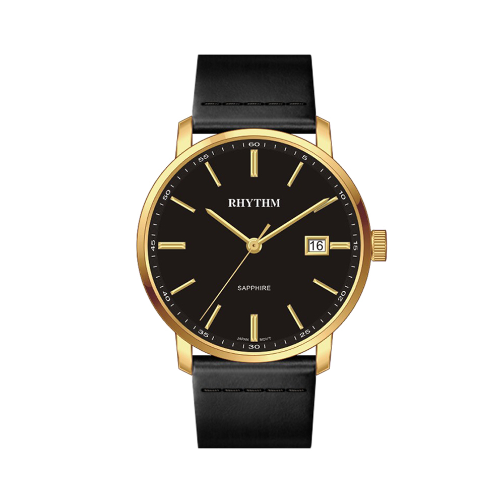 【Rhythm 麗聲】簡約俐落帶日期皮革手錶-PE1609-