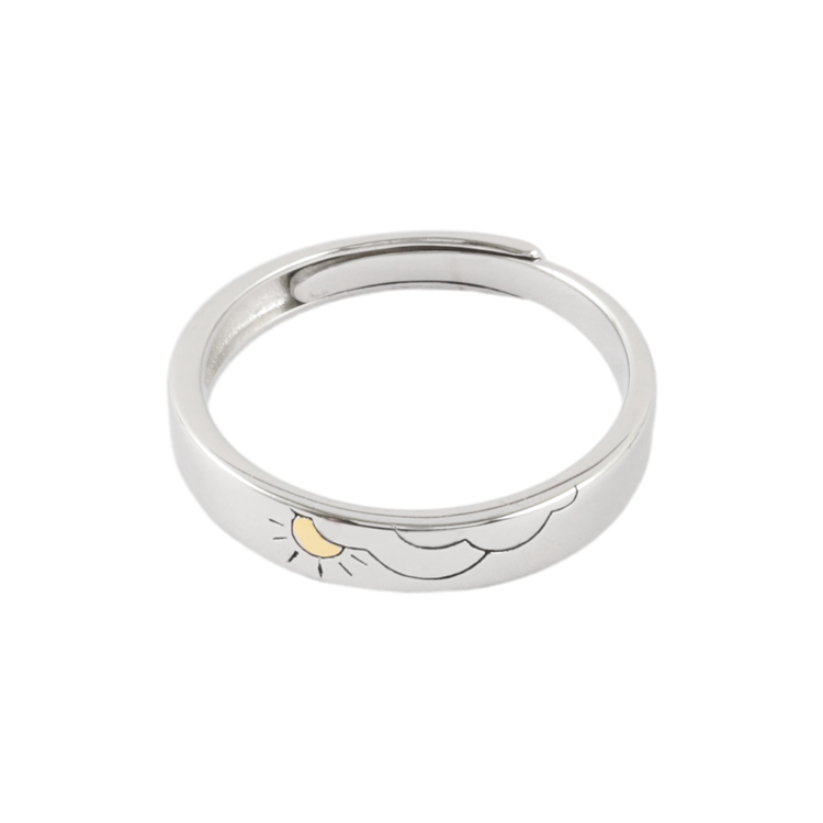 純銀對戒，情侶戒指 太陽雕刻圖案；日為朝 月為暮 卿為朝朝暮暮（3660男款）