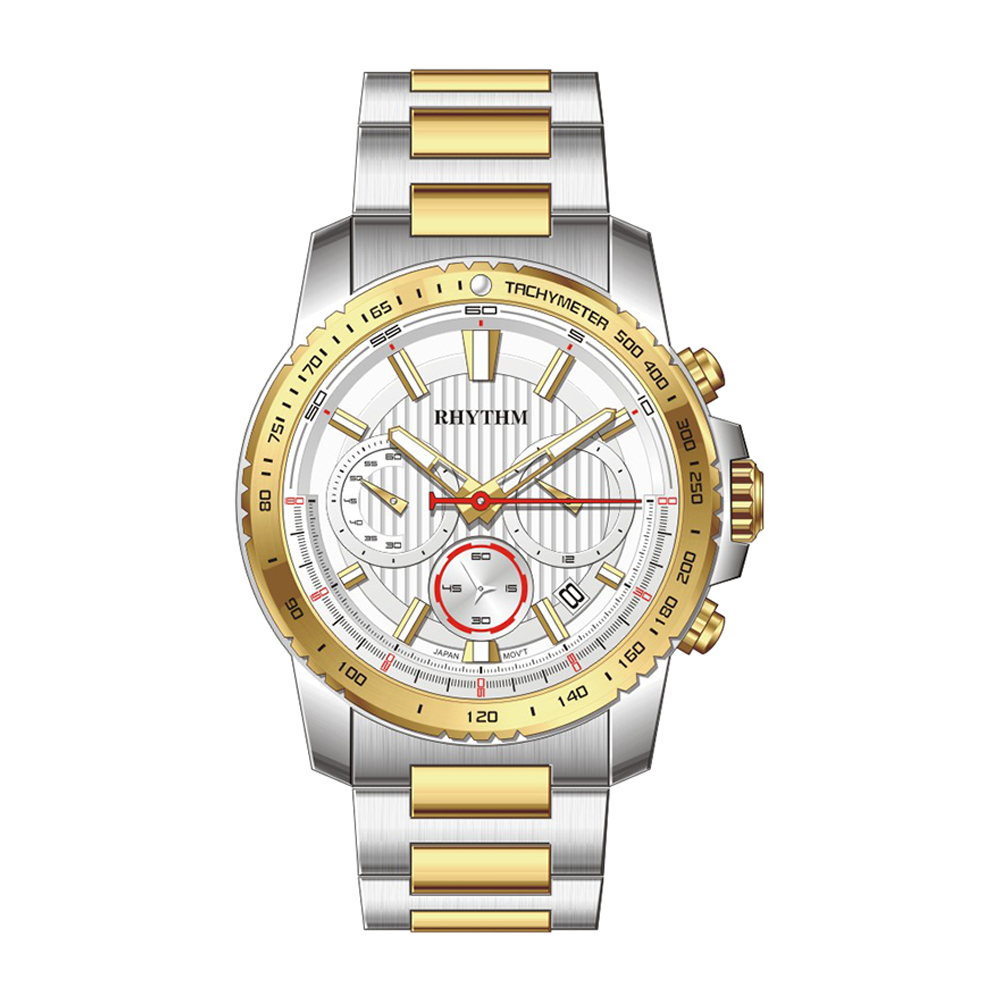 【Rhythm 麗聲】精緻真三眼計時秒分帶日期不鏽鋼手錶-S1401-