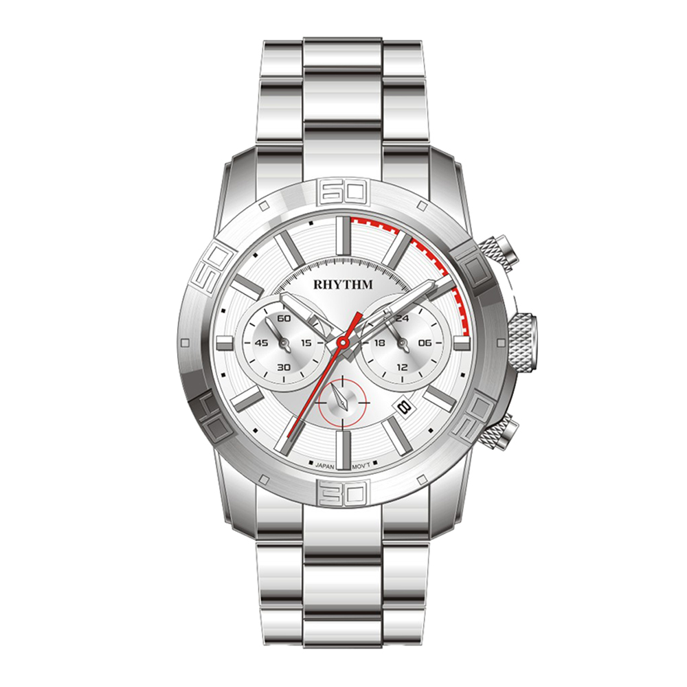【Rhythm 麗聲】精巧真三眼計時秒分帶日期不鏽鋼手錶-S1402-