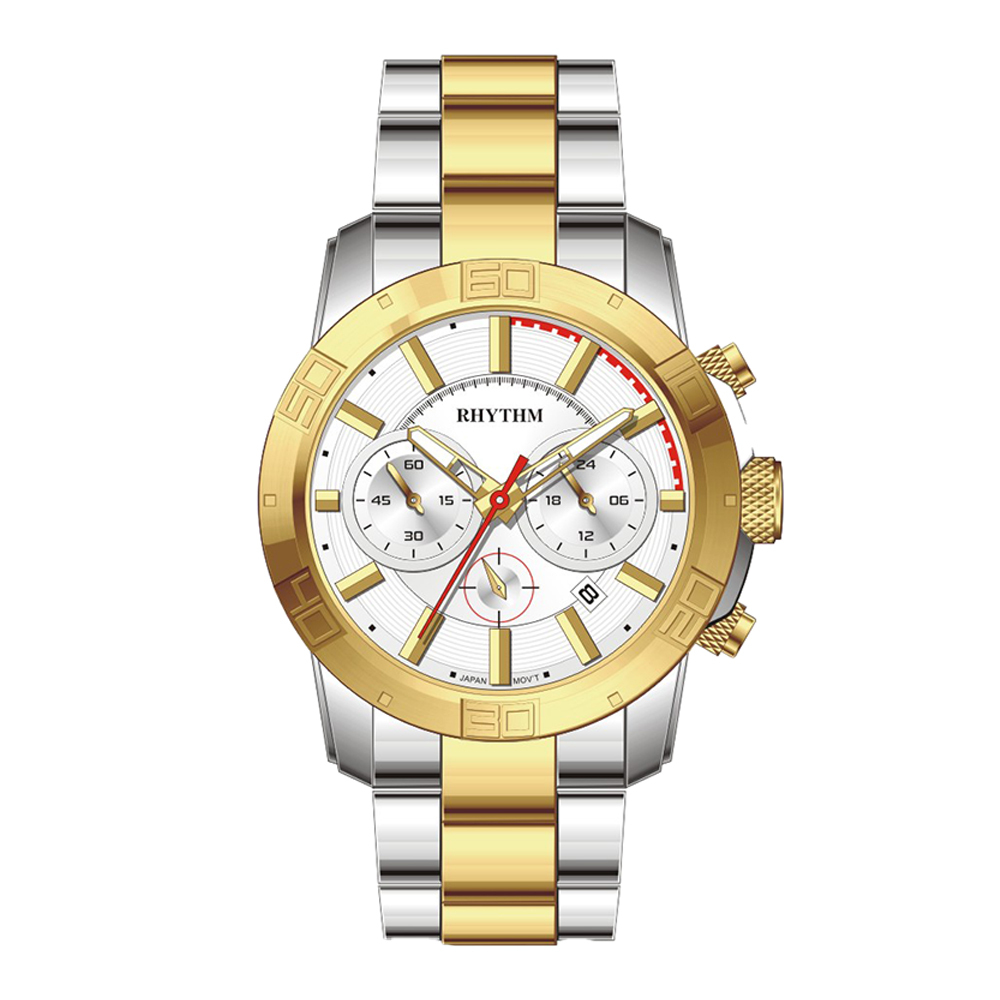 【Rhythm 麗聲】精巧真三眼計時秒分帶日期不鏽鋼手錶-S1402-