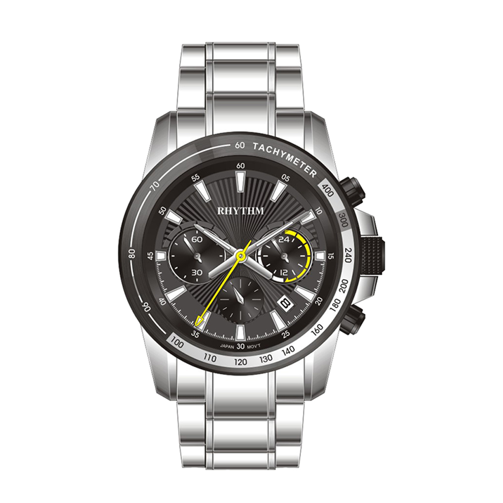 【Rhythm 麗聲】簡約真三眼計時秒分帶日期不鏽鋼手錶-S1403-