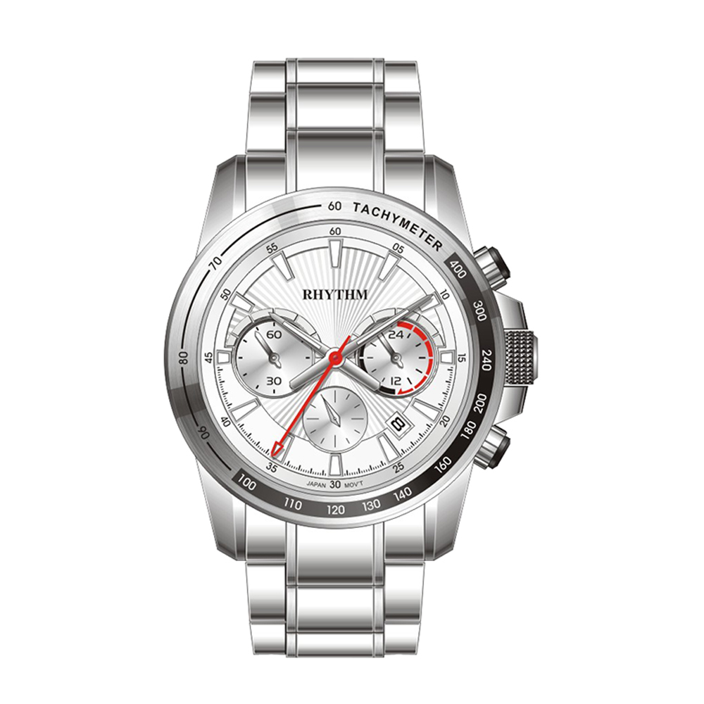 【Rhythm 麗聲】簡約真三眼計時秒分帶日期不鏽鋼手錶-S1403-