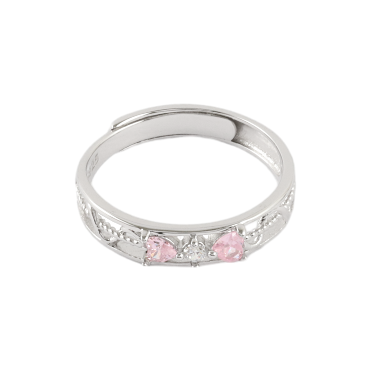 純銀對戒，情侶戒指 粉紅心型鋯石；鏤空設計如同交織的愛情（3667女款）