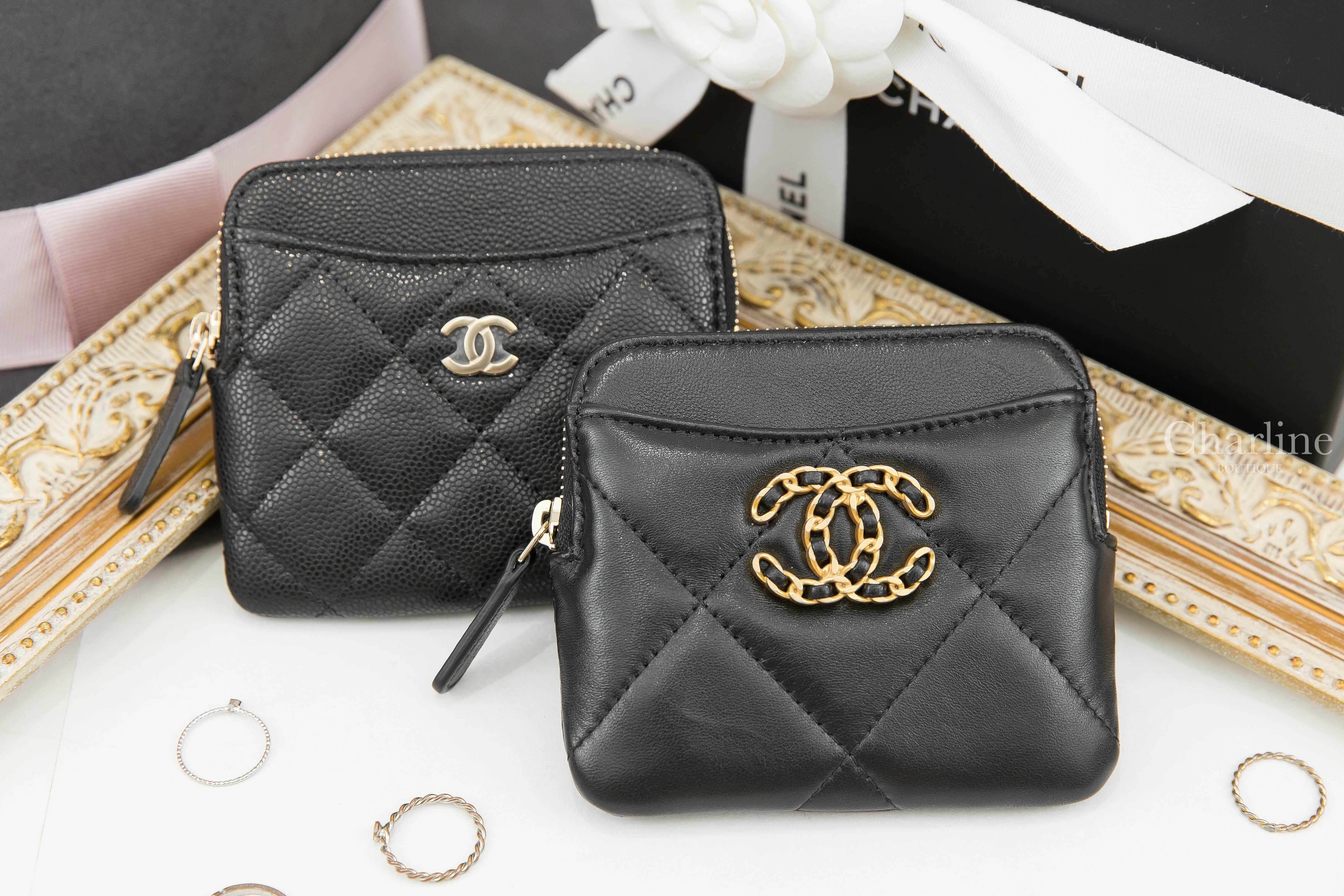 Chanel Chanel 19 Zipped Coin Purse 黑色金鍊帶CC酒紅內裡大菱格羊皮卡片零錢夾,Chanel Zipped Coin Purse 黑色金CC酒紅內裡荔枝菱格紋卡片零錢夾-Charline Boutique 精品代購