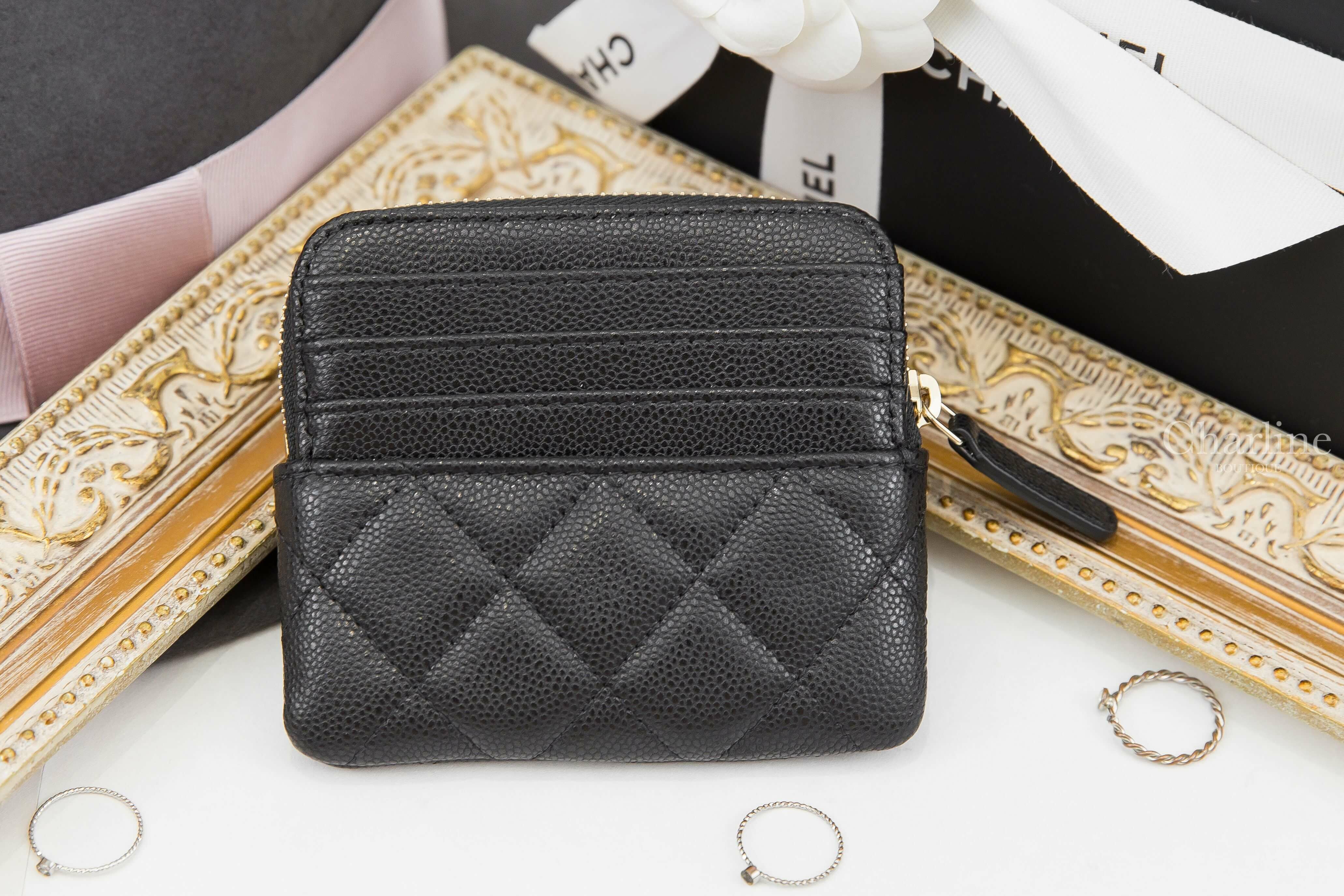 Chanel Zipped Coin Purse 黑色金CC酒紅內裡荔枝菱格紋卡片零錢夾-Charline Boutique 精品代購