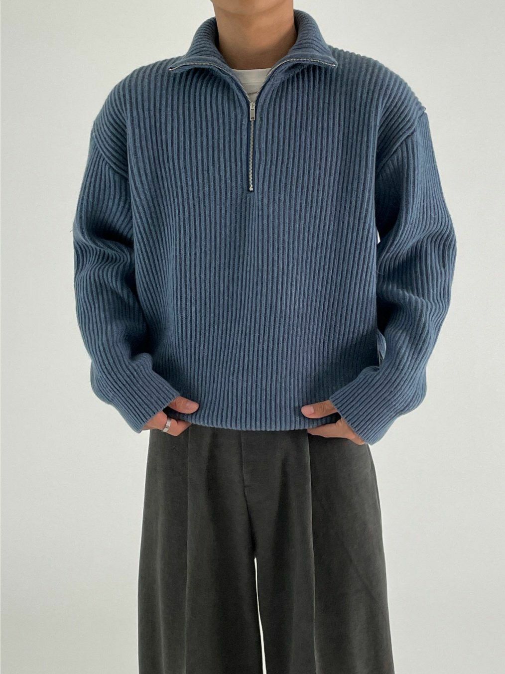 淨色反領半拉鍊針織衫 RUN-021T