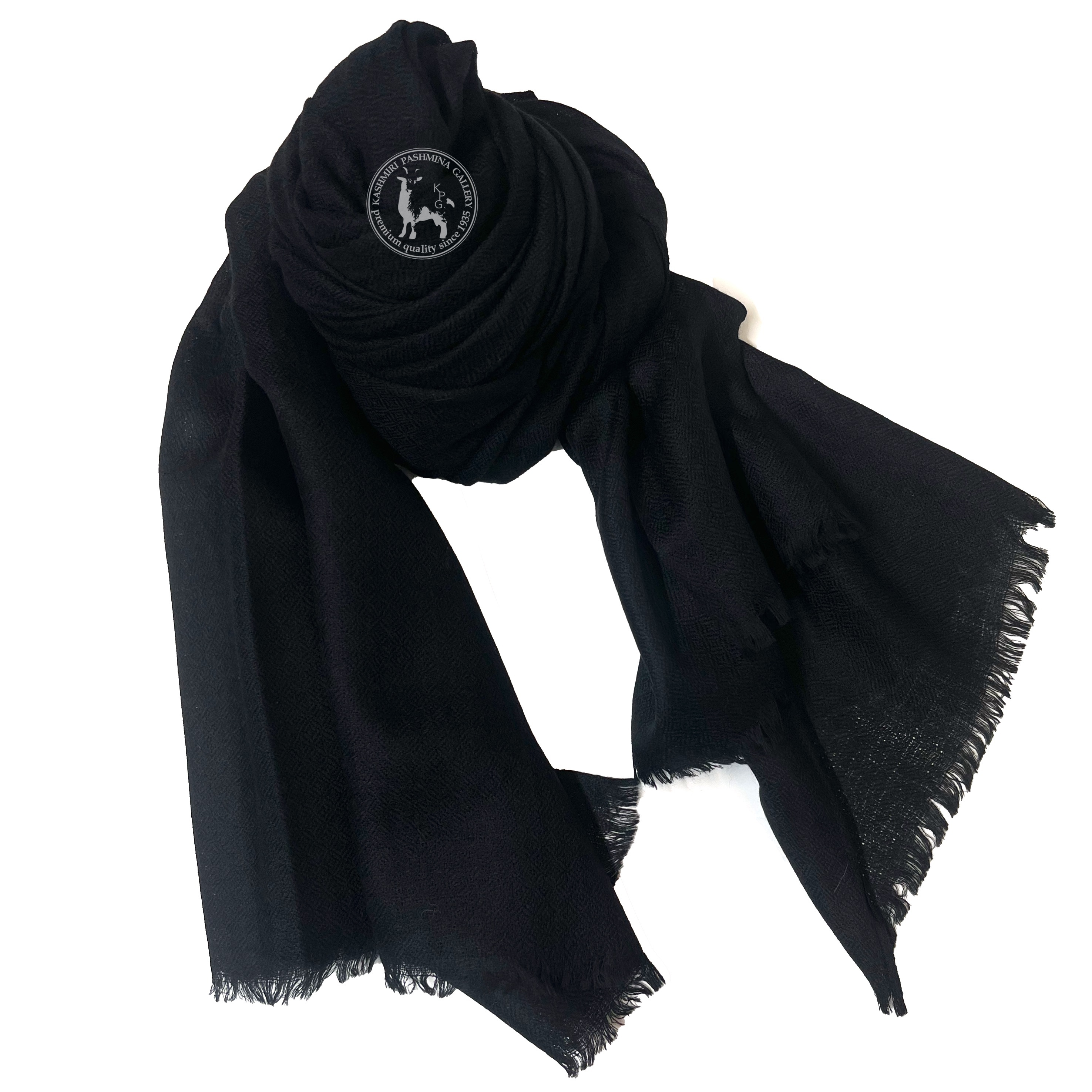 黑色手工編織喀什米爾山羊絨磨邊圍巾(S)