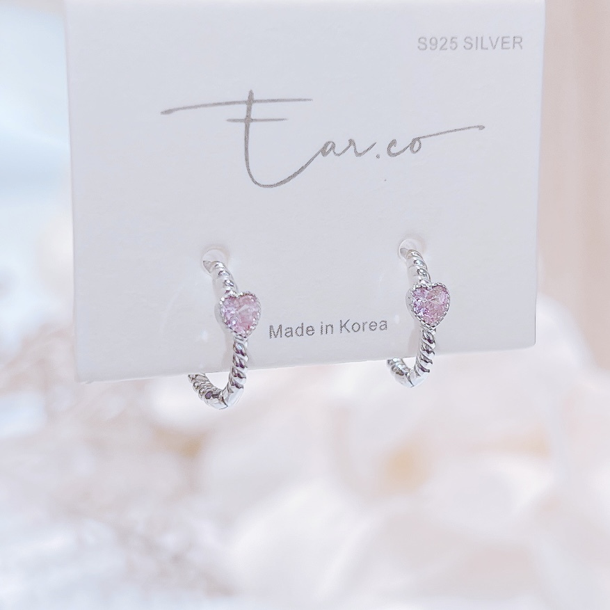 淡粉愛心鑽麻花純銀小耳圈 [睡覺不用脫! ] #A937