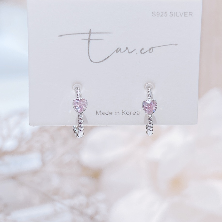 淡粉愛心鑽麻花純銀小耳圈 [睡覺不用脫! ] #A937