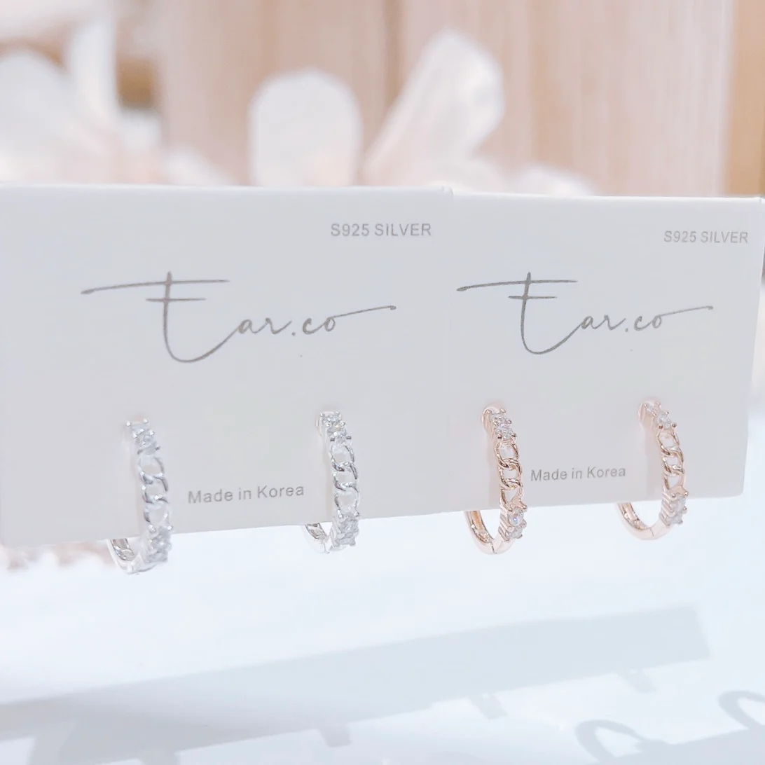 小香風閃石鏈條純銀小耳圈 [睡覺不用脫! ] #A934