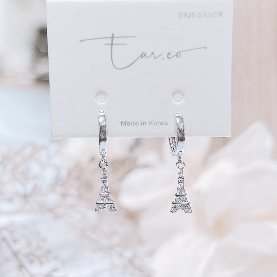垂釣閃石巴黎鐵塔純銀小耳圈 [睡覺不用脫! ] #A931