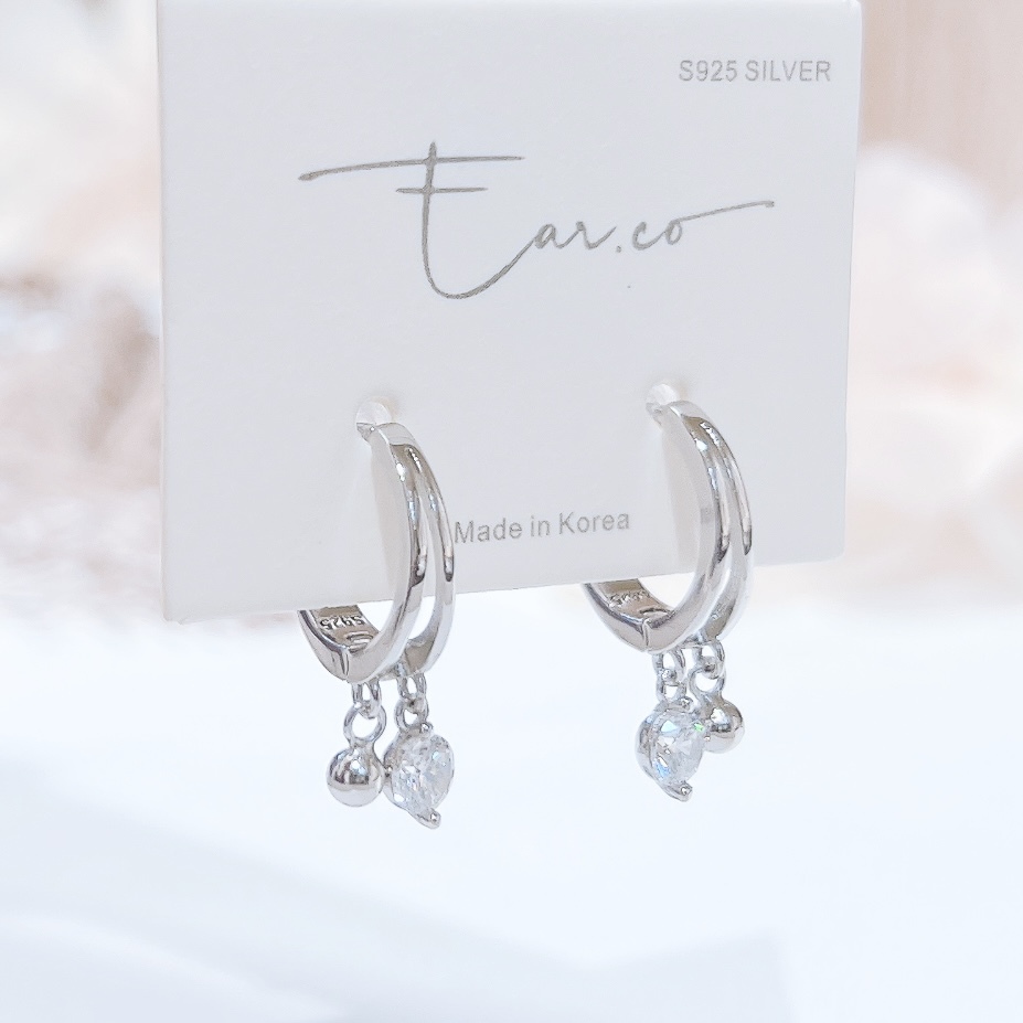 雙圈垂釣閃石小圓球純銀小耳圈 [睡覺不用脫! ] #A923