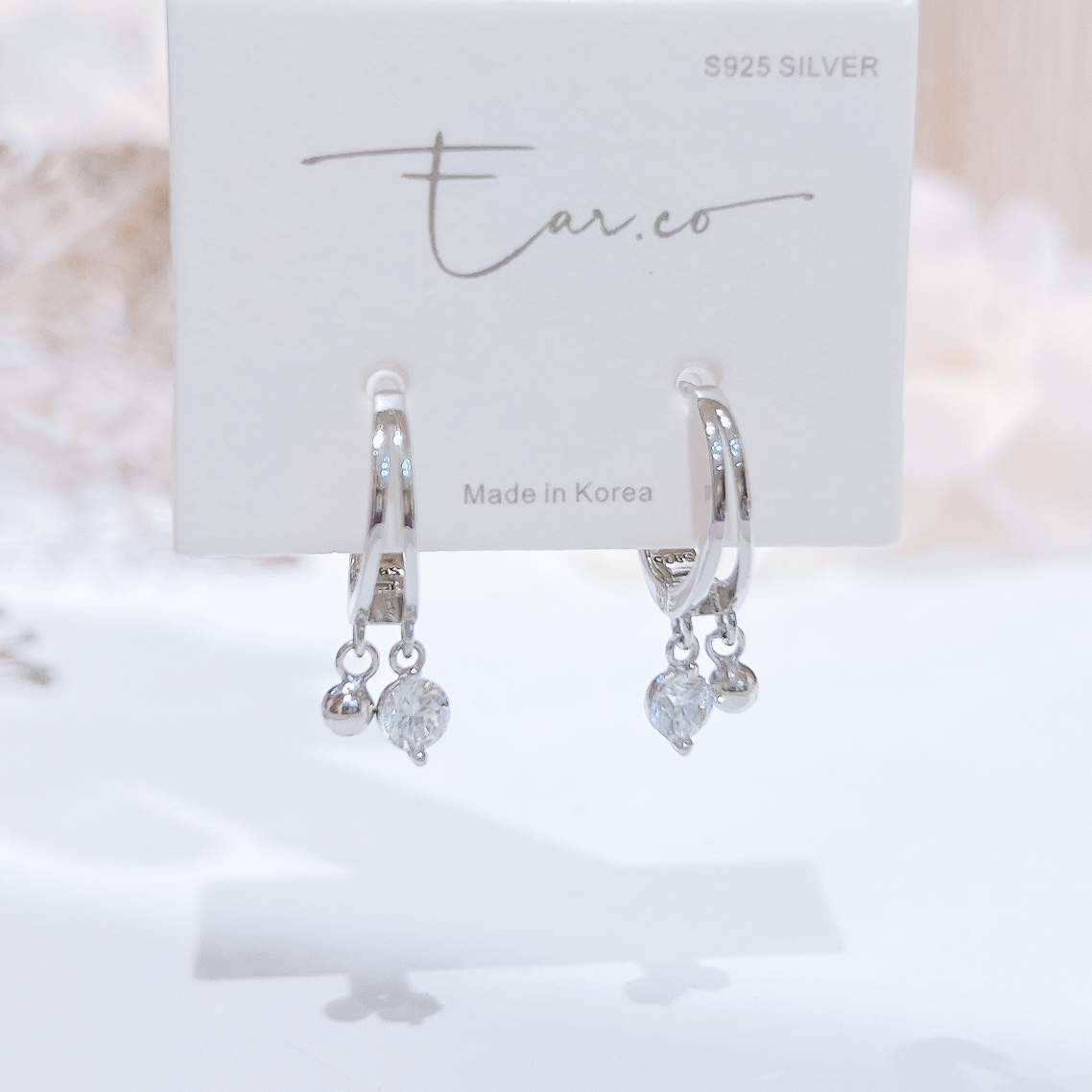 雙圈垂釣閃石小圓球純銀小耳圈 [睡覺不用脫! ] #A923