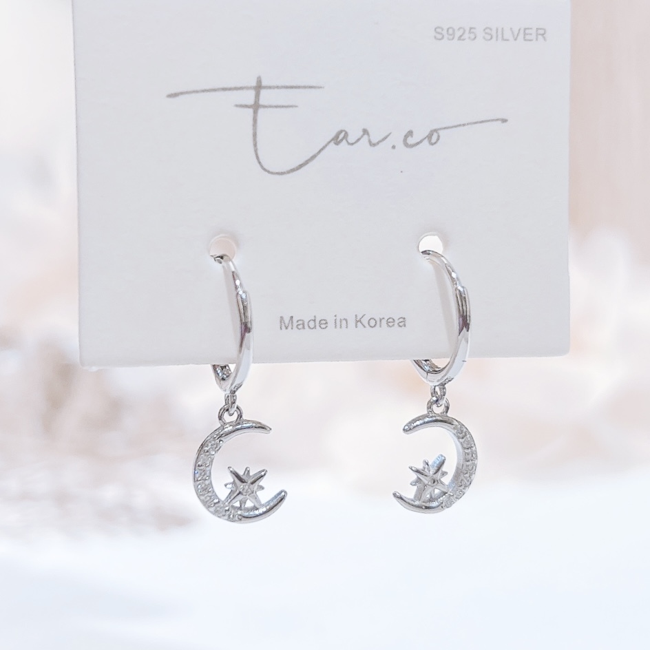 垂釣閃石星芒月亮純銀小耳圈 [睡覺不用脫! ] #A921