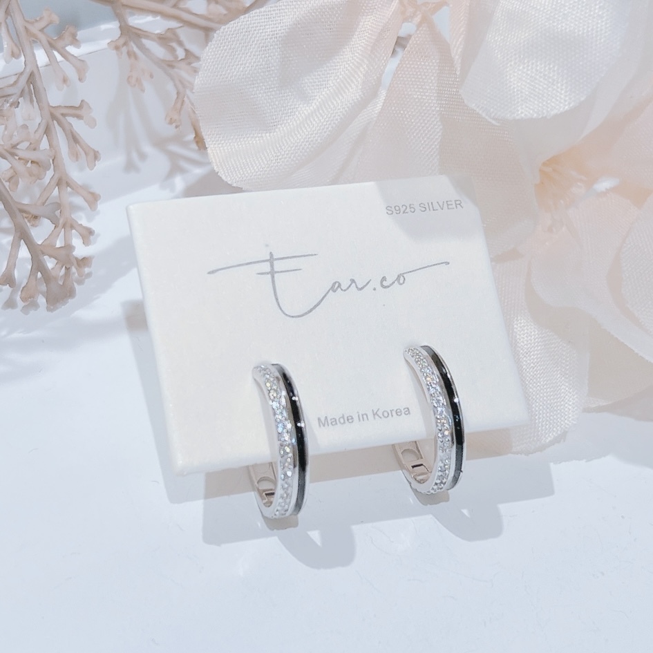 黑色拼閃石純銀小耳圈 [睡覺不用脫! ] A920