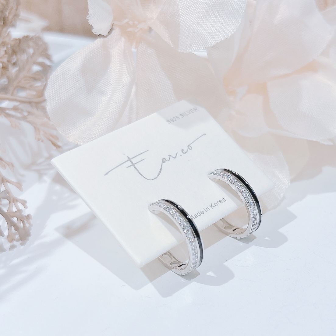 黑色拼閃石純銀小耳圈 [睡覺不用脫! ] A920