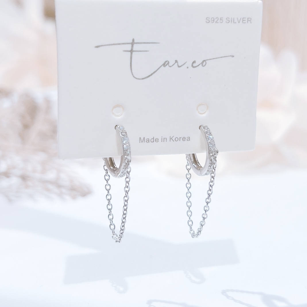 鏈條設計閃石純銀小耳圈 [睡覺不用脫! ] #A916