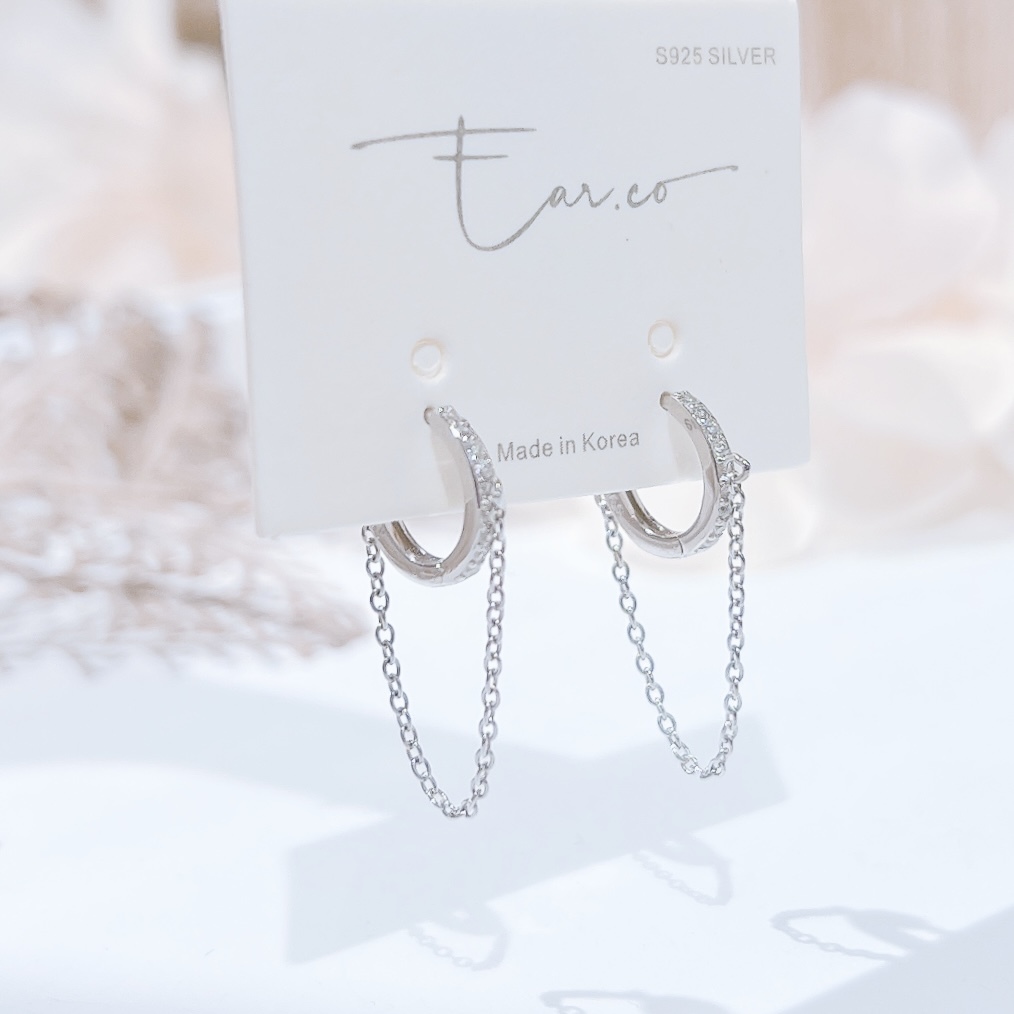 鏈條設計閃石純銀小耳圈 [睡覺不用脫! ] #A916