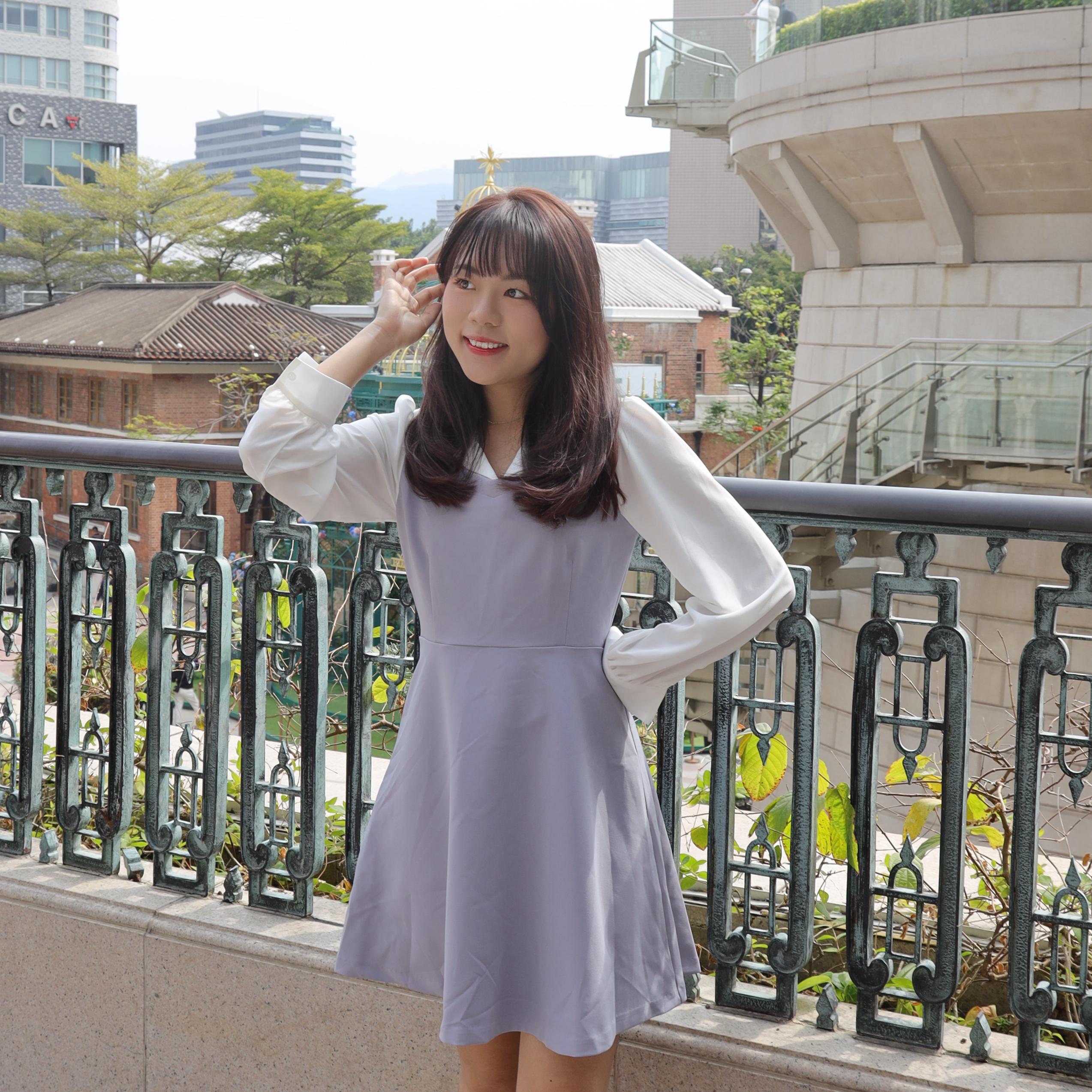 ||OPS192|| 優雅反領恤衫兩拼色連身裙