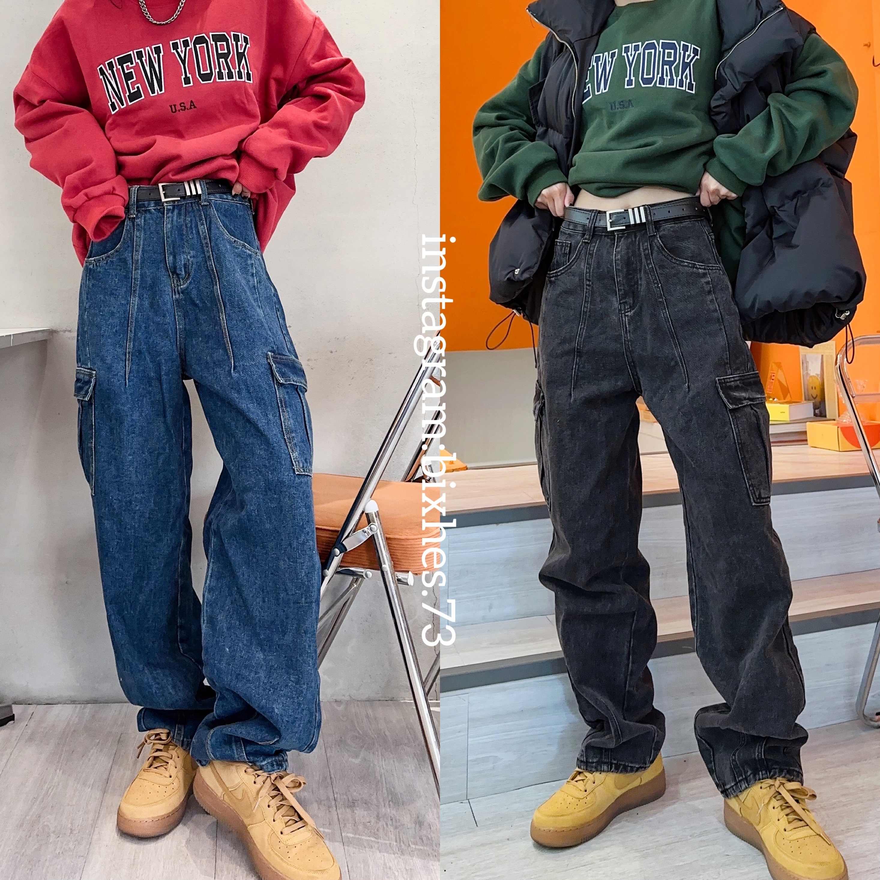 美式微錐形工裝牛仔褲(E00072)