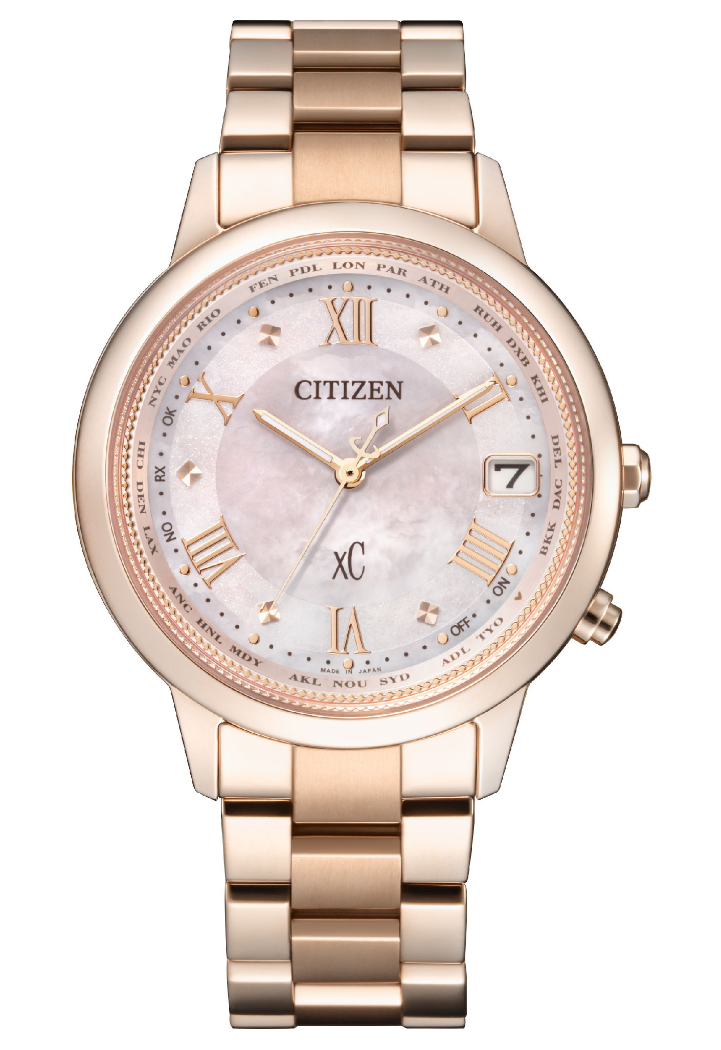 萬年鐘錶 - Citizen 星辰錶  XC   玫瑰金世界時間鈦金屬光動能電波附贈皮革錶帶套組女錶   CB1137-65W  錶徑36MM