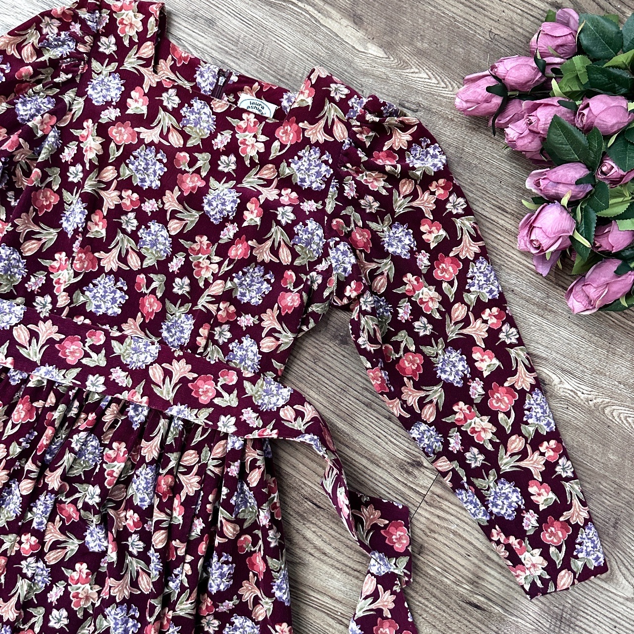 日本製 Laura Ashley 酒紅色大花燈芯絨連身裙