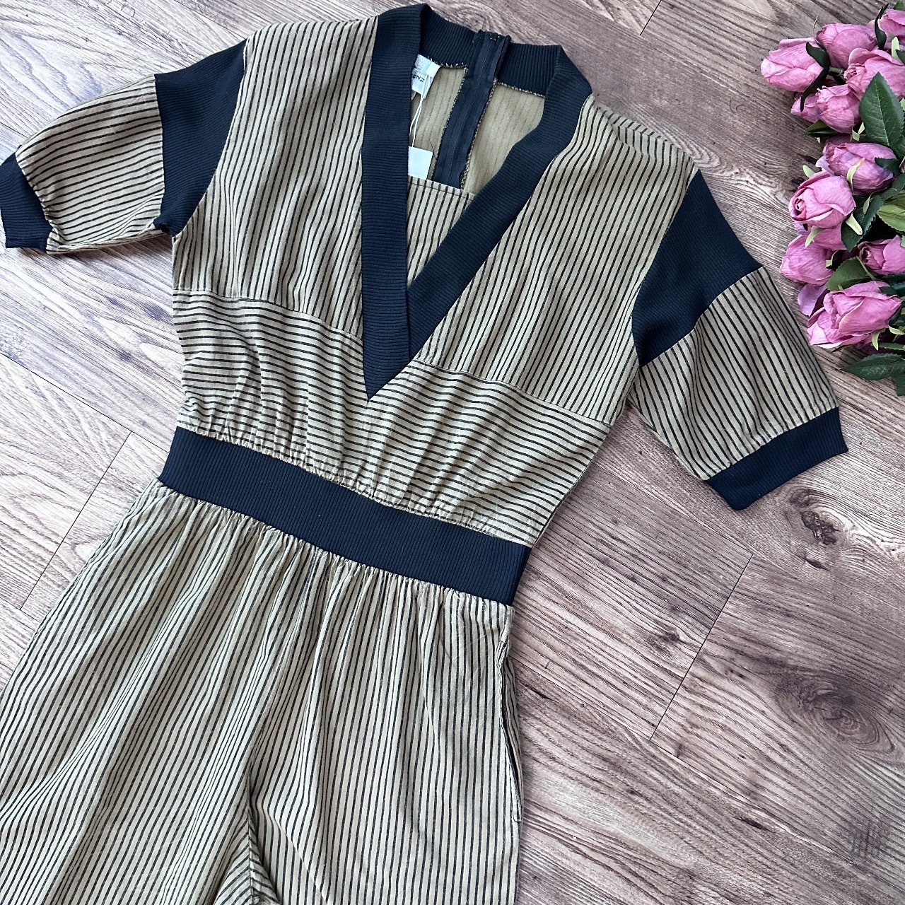 Nancy Denz 美國製亞麻綠直紋連身褲