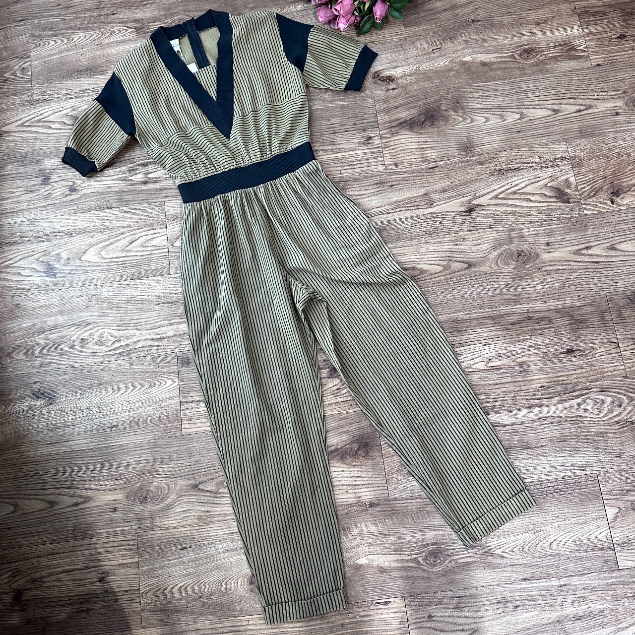 Nancy Denz 美國製亞麻綠直紋連身褲