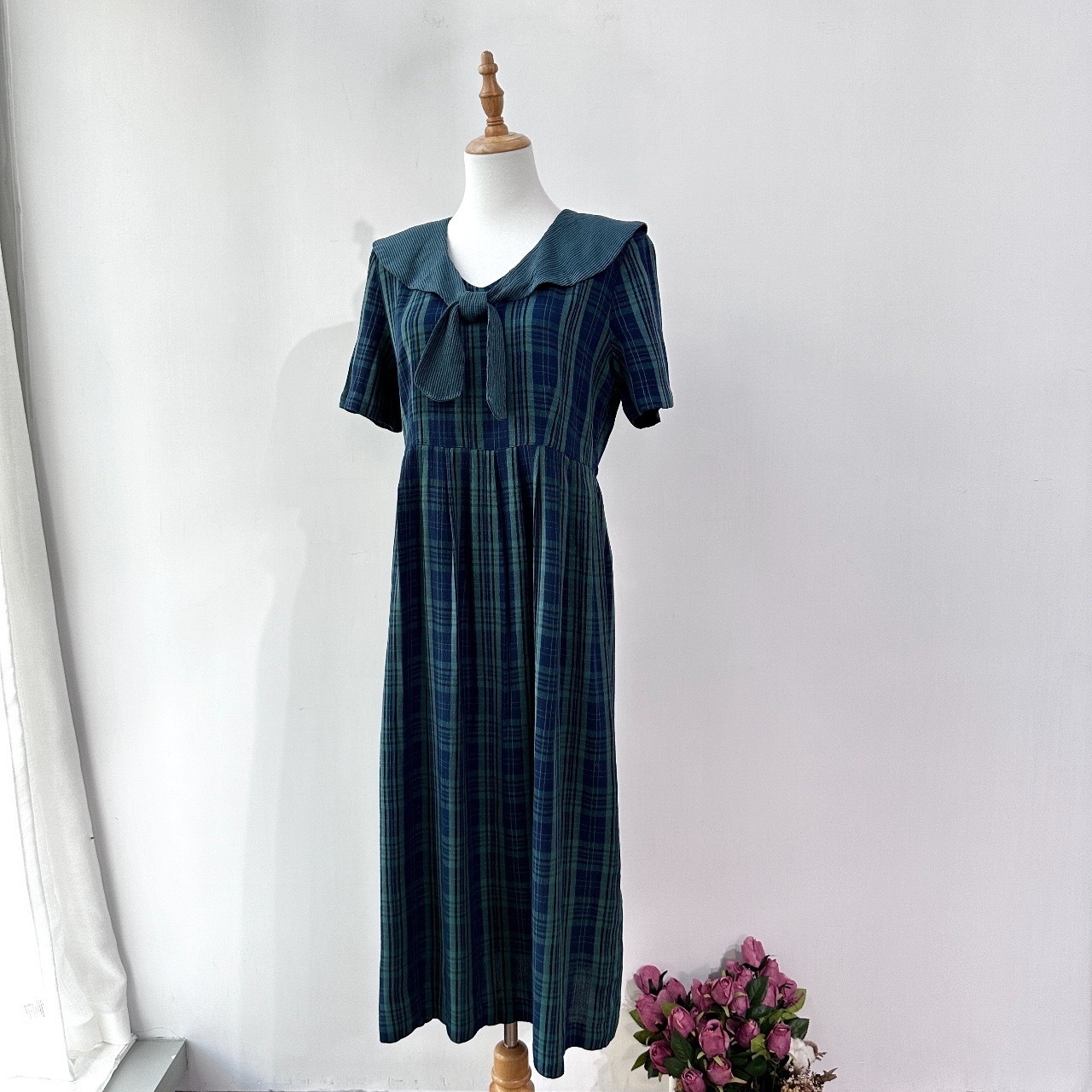 Miss Dorby 80s 綠藍格紋水手領連身裙