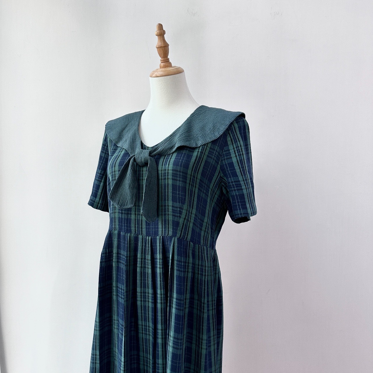 Miss Dorby 80s 綠藍格紋水手領連身裙