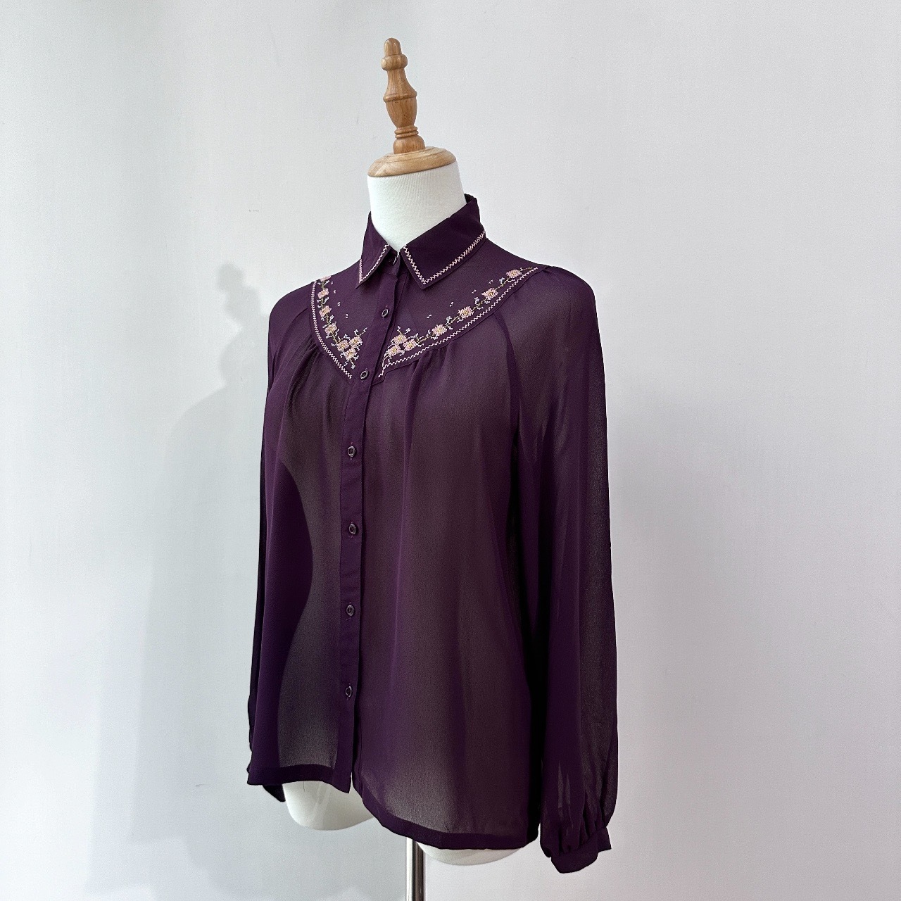 紫色透視刺繡古著上衣