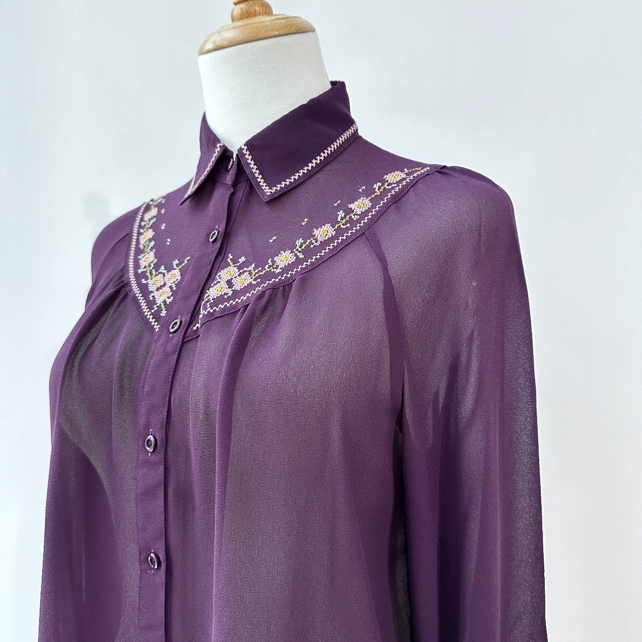 紫色透視刺繡古著上衣
